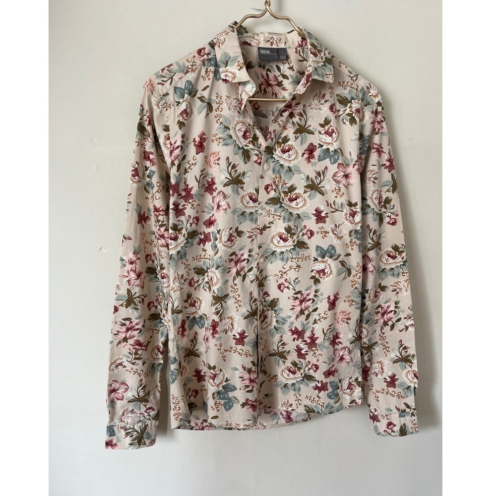 ASOS Women Tan Pink Floral Long Sleeve Button Down Shirt Size S Cottagecore